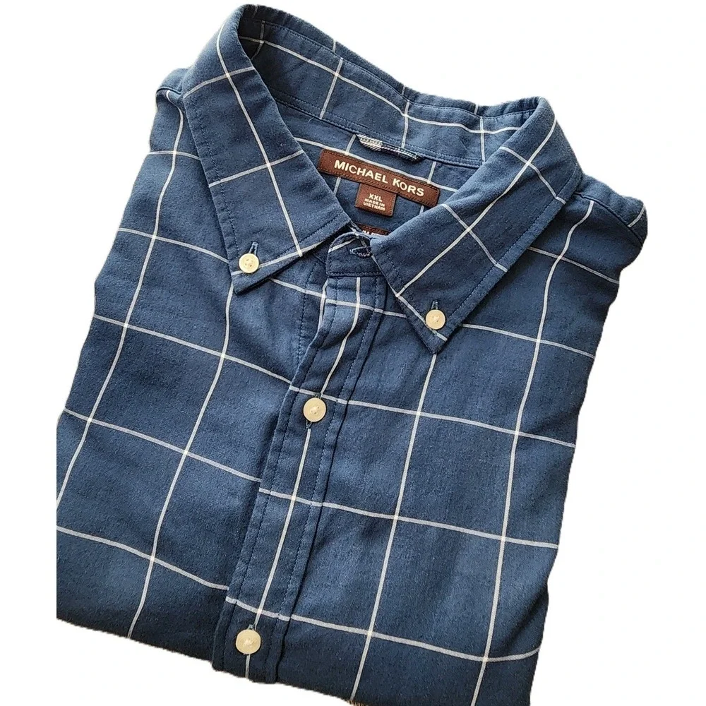 Michael Kors‎ Mens XXL Slim Fit Blue Check Button Down Shirt Long Sleeve